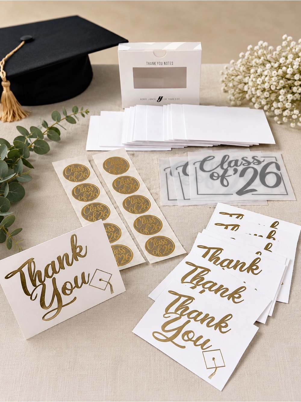 Class of 2026 Graduation Thank You Card Set Gold Foil Envelopes Stickers Inserts